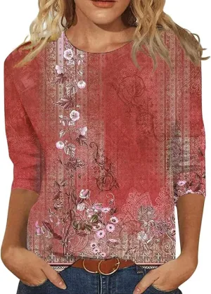 3/4 Sleeve Tops for Women Dressy Casual Blouses Fall Fashion Ethnic Graphic Crew Neck Tunic T Shirts