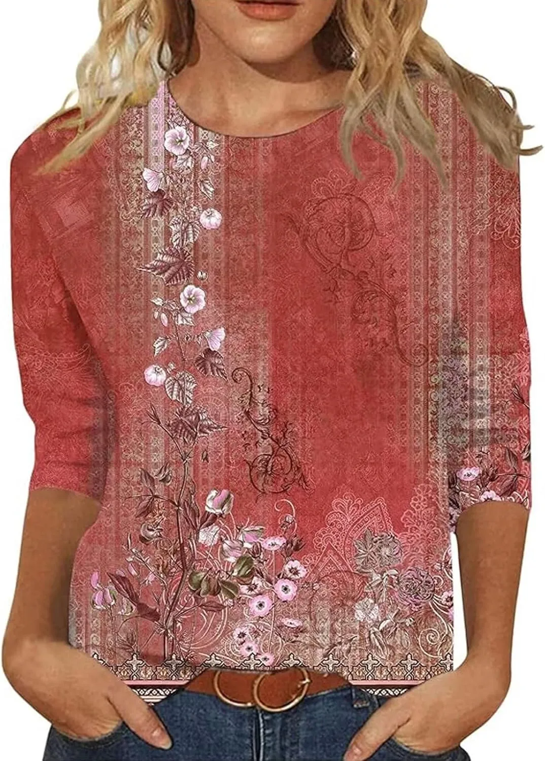 3/4 Sleeve Tops for Women Dressy Casual Blouses Fall Fashion Ethnic Graphic Crew Neck Tunic T Shirts