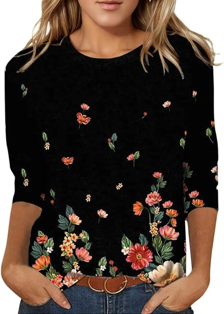 3/4 Sleeve Tops for Women Dressy Casual Blouses Fall Fashion Ethnic Graphic Crew Neck Tunic T Shirts