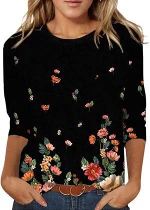 3/4 Sleeve Tops for Women Dressy Casual Blouses Fall Fashion Ethnic Graphic Crew Neck Tunic T Shirts