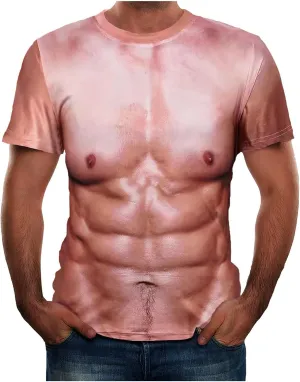 3D Fake Abs Muscle T Shirts Funny Shredded Chest Graphic Casual Short Sleeve Novelty Tees Shirt Costume Gift