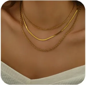 3PCS Gold Necklace for Women,Dainty 18k Gold Layered Necklace Herringbone Choker Necklace Adjustable Gold Chain Necklace for Women