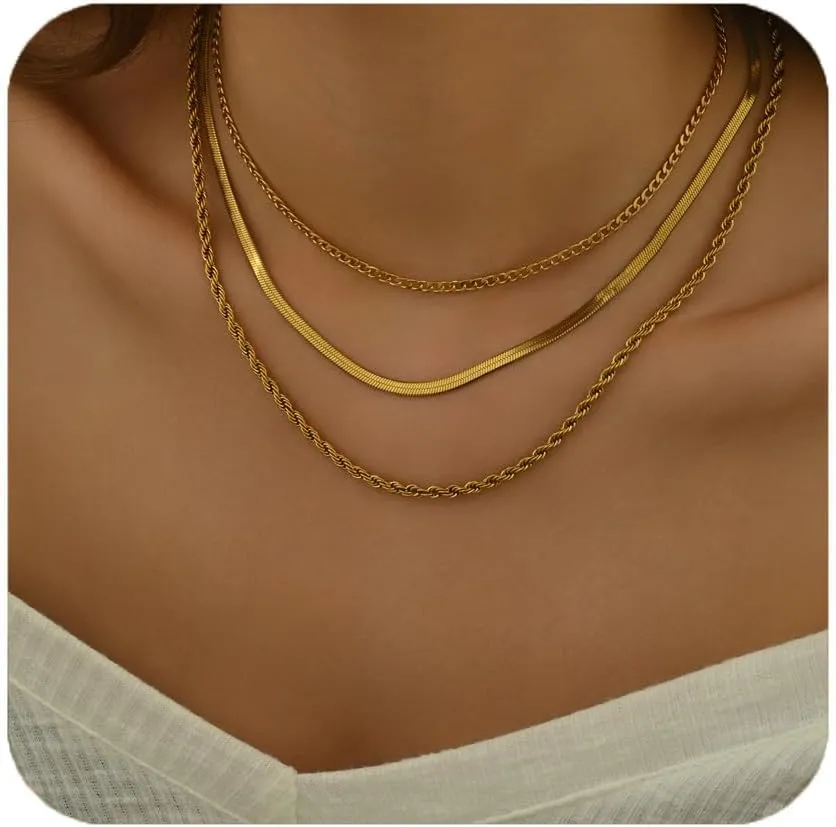 3PCS Gold Necklace for Women,Dainty 18k Gold Layered Necklace Herringbone Choker Necklace Adjustable Gold Chain Necklace for Women