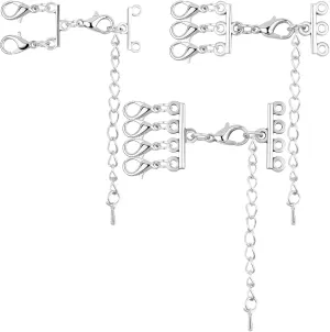 3pcs Silver Plated Alloy Necklace Layering Clasps Layered Bracelet Separator Lock Clasp Converter Connectors with Extender Chains for Muti-Strand Necklaces Bracelets, 3 Styles