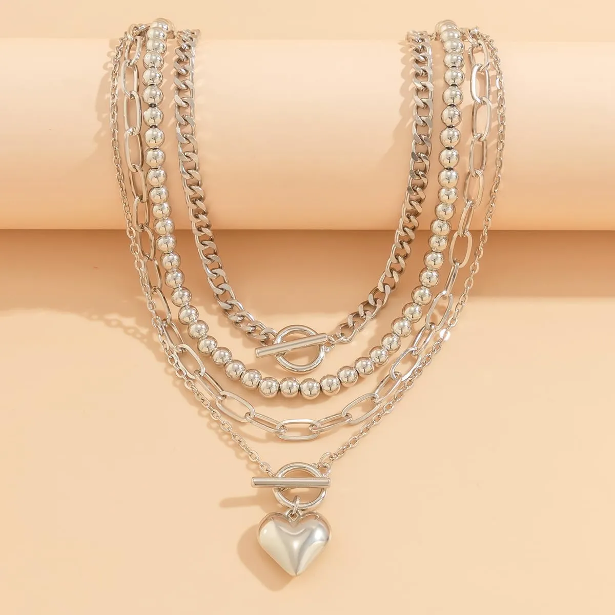 4pcs Layered Gold Necklaces Stack for Women Layered Chunky Gold Necklaces Herringbone Paperclip Chain Necklace Retro Coin Peach Heart Star Pendant Dainty Cuban Chain Toggle Clasp Jewelry Gifts for Women