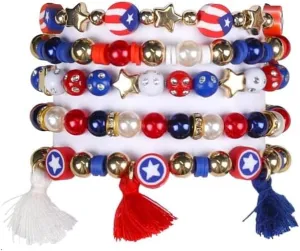 4th of July Heishi Clay Bead Stretch Bracelets for Women Girls American Patriotic Tassels Bangle Stackable Gold Pearl Red White Blue Star Bracelet Independence Boho Summer Beach Memorial Day Gifts