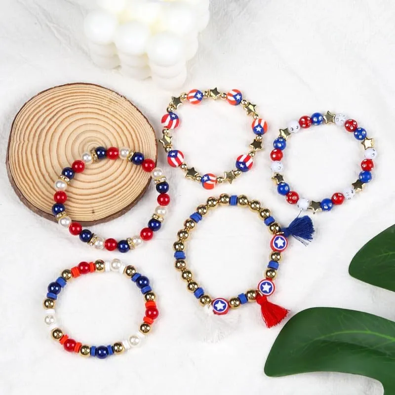 4th of July Heishi Clay Bead Stretch Bracelets for Women Girls American Patriotic Tassels Bangle Stackable Gold Pearl Red White Blue Star Bracelet Independence Boho Summer Beach Memorial Day Gifts