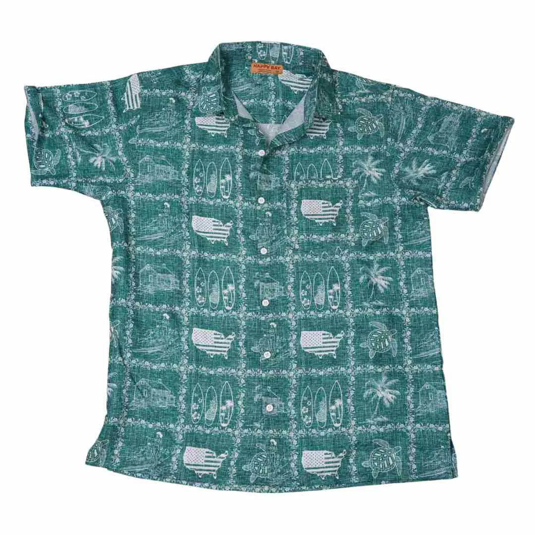 4th of July USA Map Flag and Turtle Printed Linen Effect Shirt For Men Green