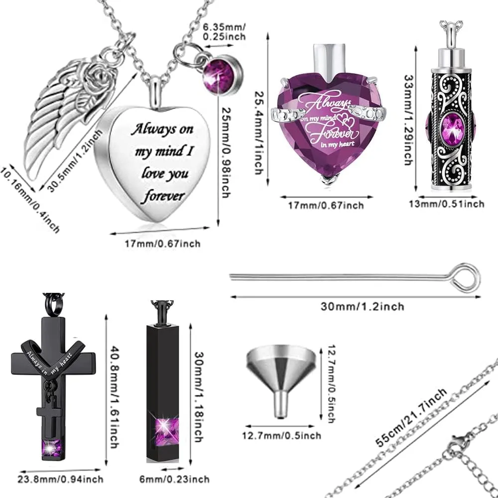 5 Pcs Cremation Urn Necklace for Ashes Keepsake Heart Cross Crystal Jewelry for Ashes,Stainless Steel Waterproof Memorial Urn Keepsake Necklace Urn for Women Men Loved Ones