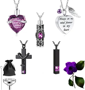 5 Pcs Cremation Urn Necklace for Ashes Keepsake Heart Cross Crystal Jewelry for Ashes,Stainless Steel Waterproof Memorial Urn Keepsake Necklace Urn for Women Men Loved Ones