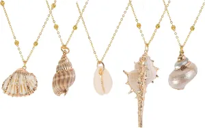 5Pcs Natural Scallop Conch Seashell Necklace Inlaid with Gold Rimmed Sea Shell Necklace Adjustable Seashell Jewelry Gifts for Women