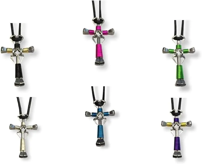 6 Pack Dangle Design Horseshoe Nail Cross Necklaces - You Choose Colors !!!