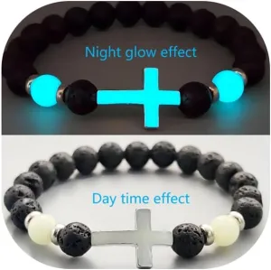 8mm Natural Volcanic Stone Bracelets for Men,Luminous Cross Bracelets,Healing Crystal Elastic Stretch Beads Bracelet,Religion Holy Communion Bracelet for Women
