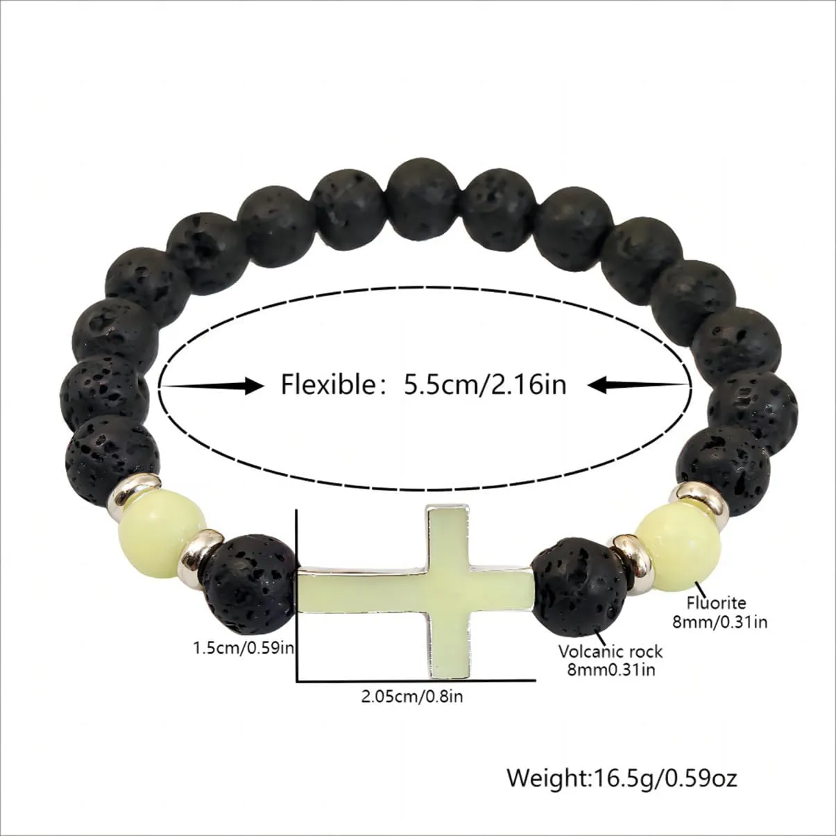 8mm Natural Volcanic Stone Bracelets for Men,Luminous Cross Bracelets,Healing Crystal Elastic Stretch Beads Bracelet,Religion Holy Communion Bracelet for Women