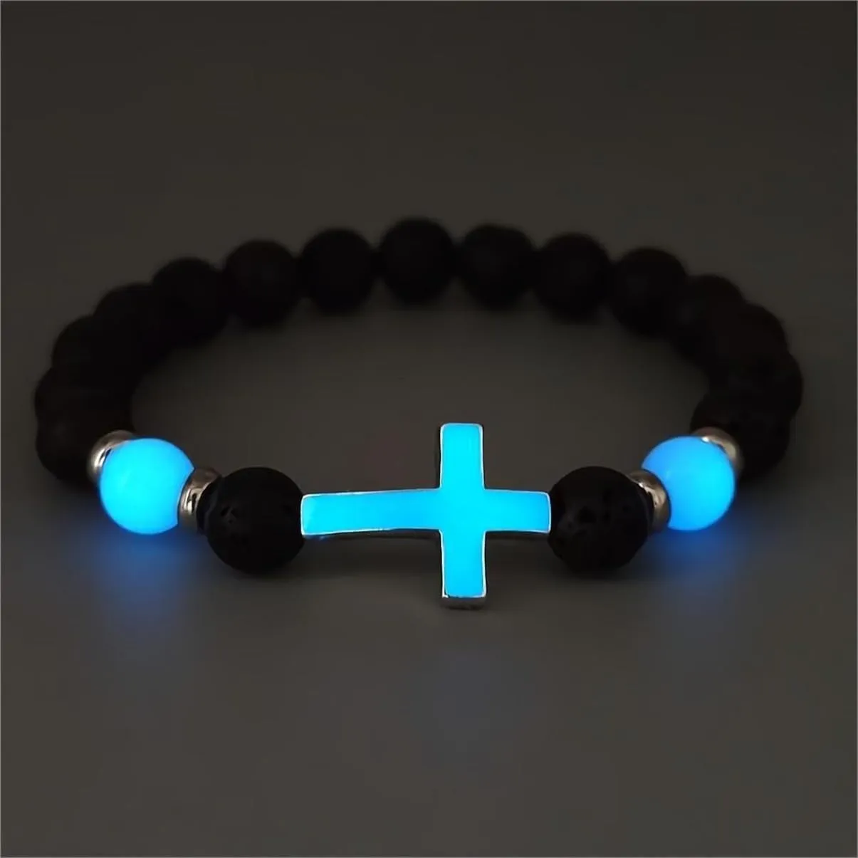 8mm Natural Volcanic Stone Bracelets for Men,Luminous Cross Bracelets,Healing Crystal Elastic Stretch Beads Bracelet,Religion Holy Communion Bracelet for Women