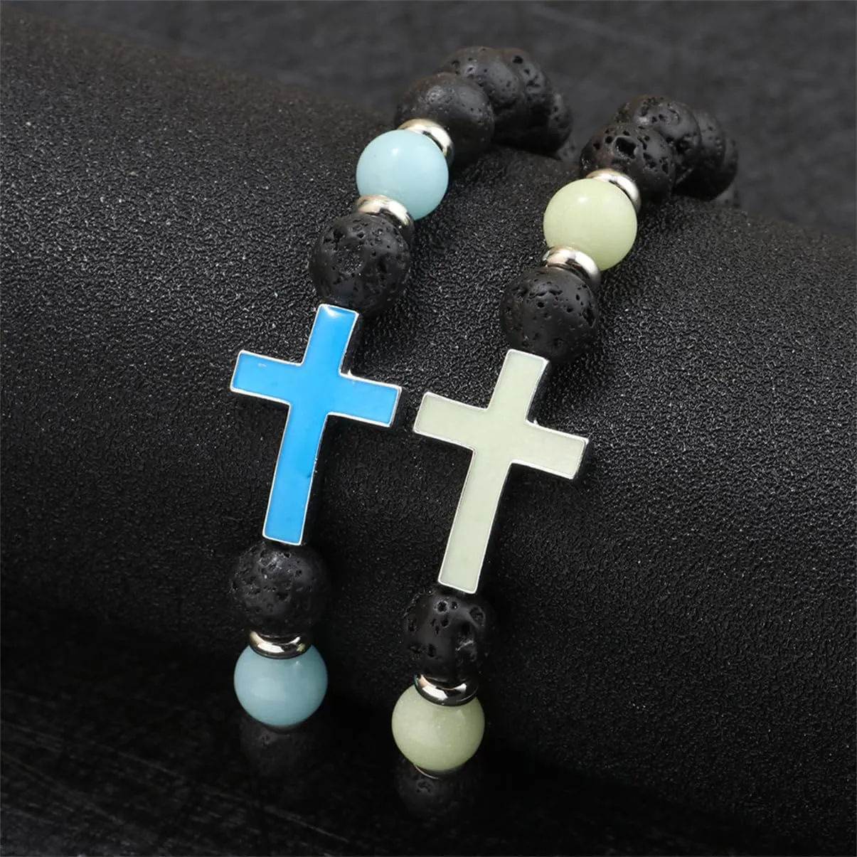 8mm Natural Volcanic Stone Bracelets for Men,Luminous Cross Bracelets,Healing Crystal Elastic Stretch Beads Bracelet,Religion Holy Communion Bracelet for Women