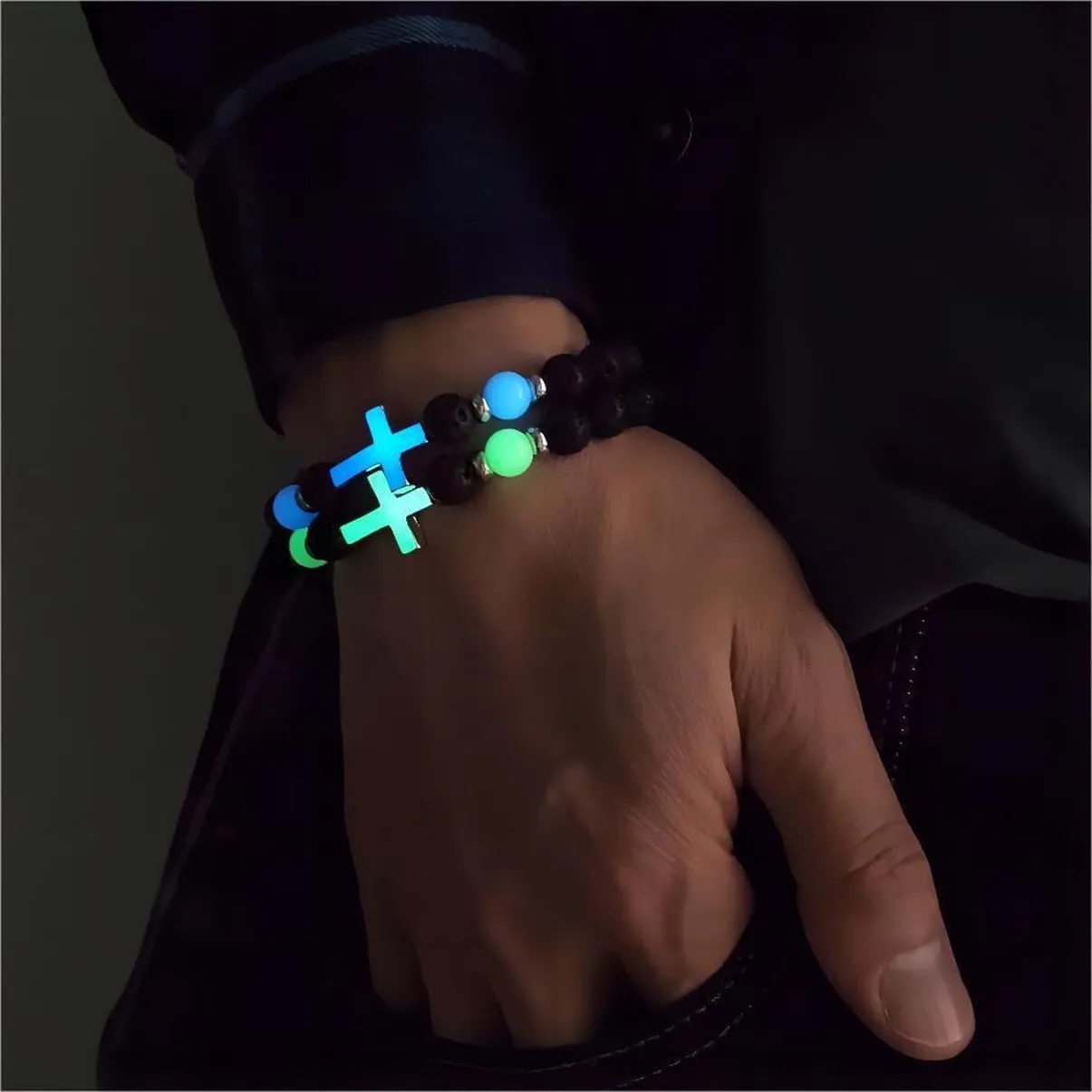 8mm Natural Volcanic Stone Bracelets for Men,Luminous Cross Bracelets,Healing Crystal Elastic Stretch Beads Bracelet,Religion Holy Communion Bracelet for Women