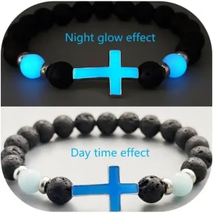 8mm Natural Volcanic Stone Bracelets for Men,Luminous Cross Bracelets,Healing Crystal Elastic Stretch Beads Bracelet,Religion Holy Communion Bracelet for Women