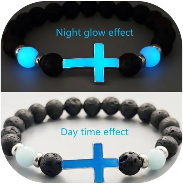 8mm Natural Volcanic Stone Bracelets for Men,Luminous Cross Bracelets,Healing Crystal Elastic Stretch Beads Bracelet,Religion Holy Communion Bracelet for Women