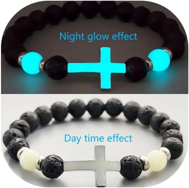 8mm Natural Volcanic Stone Bracelets for Men,Luminous Cross Bracelets,Healing Crystal Elastic Stretch Beads Bracelet,Religion Holy Communion Bracelet for Women