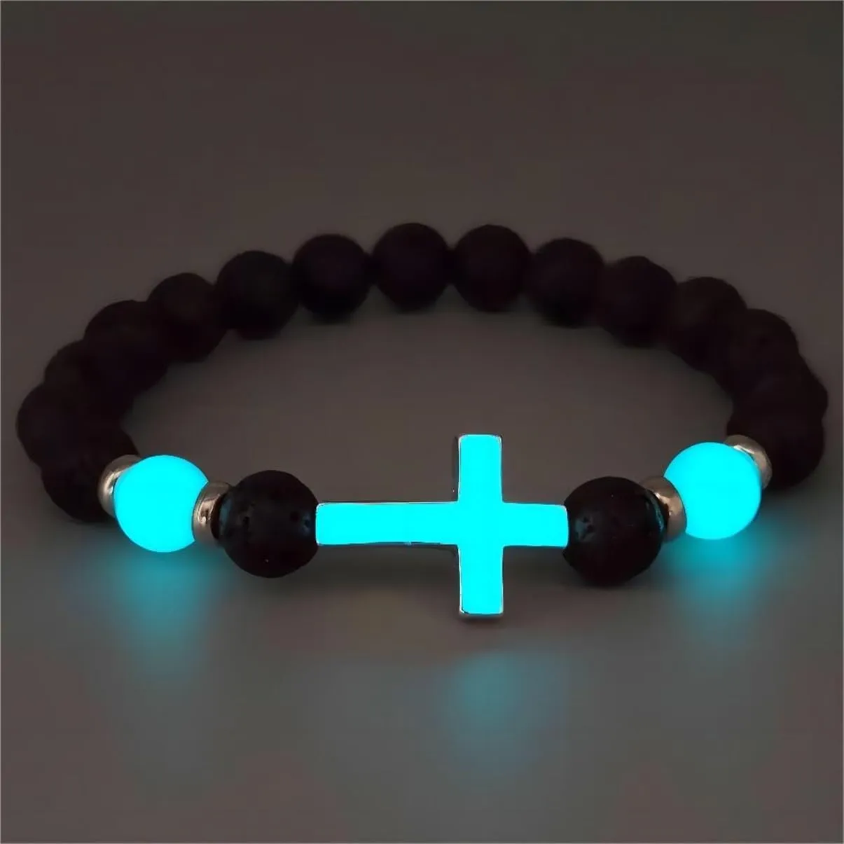 8mm Natural Volcanic Stone Bracelets for Men,Luminous Cross Bracelets,Healing Crystal Elastic Stretch Beads Bracelet,Religion Holy Communion Bracelet for Women