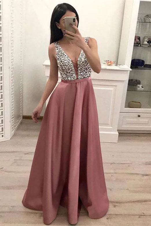 A Line Deep V Neck Sleeveless Beading Prom Dresses/Evening Party Dresses OHC171