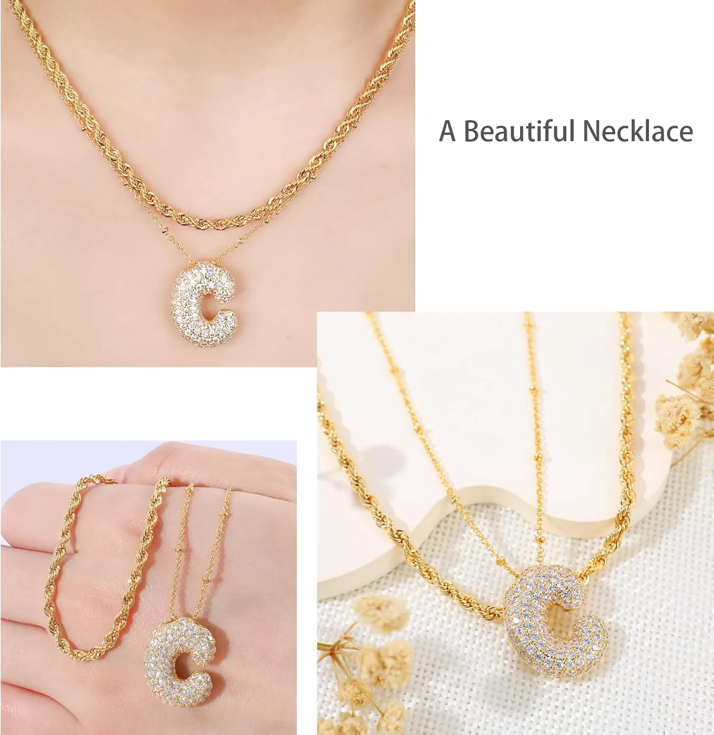A-Z Bubble Letter Necklace for Women, 14K Gold Plated Charm Layered Balloon Initial Letter Pendant Monogram Necklace, Inlaid Zirconia Rhinestone Letter Necklaces Chain Layering Necklaces for Girls