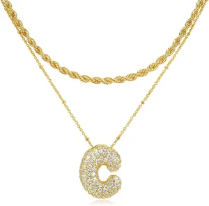 A-Z Bubble Letter Necklace for Women, 14K Gold Plated Charm Layered Balloon Initial Letter Pendant Monogram Necklace, Inlaid Zirconia Rhinestone Letter Necklaces Chain Layering Necklaces for Girls