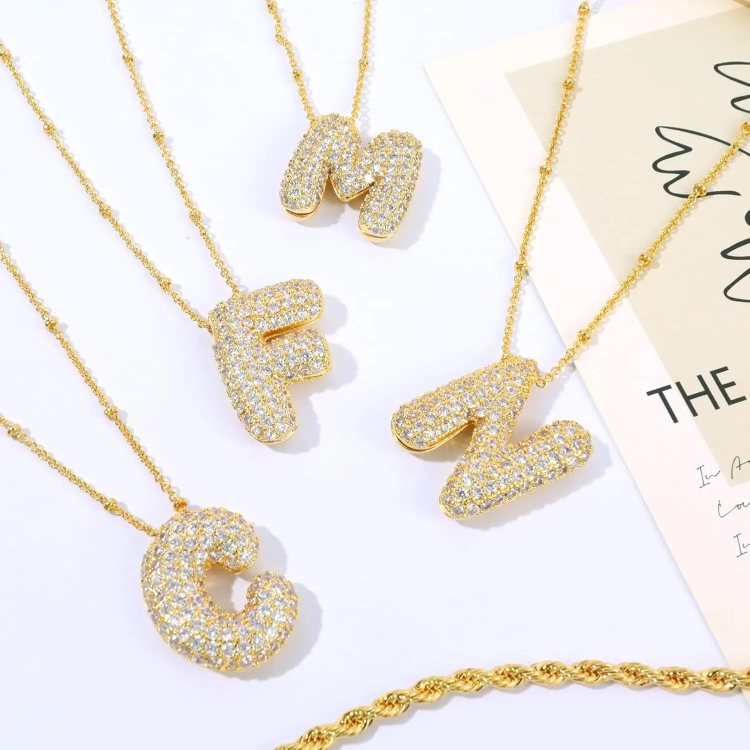 A-Z Bubble Letter Necklace for Women, 14K Gold Plated Charm Layered Balloon Initial Letter Pendant Monogram Necklace, Inlaid Zirconia Rhinestone Letter Necklaces Chain Layering Necklaces for Girls