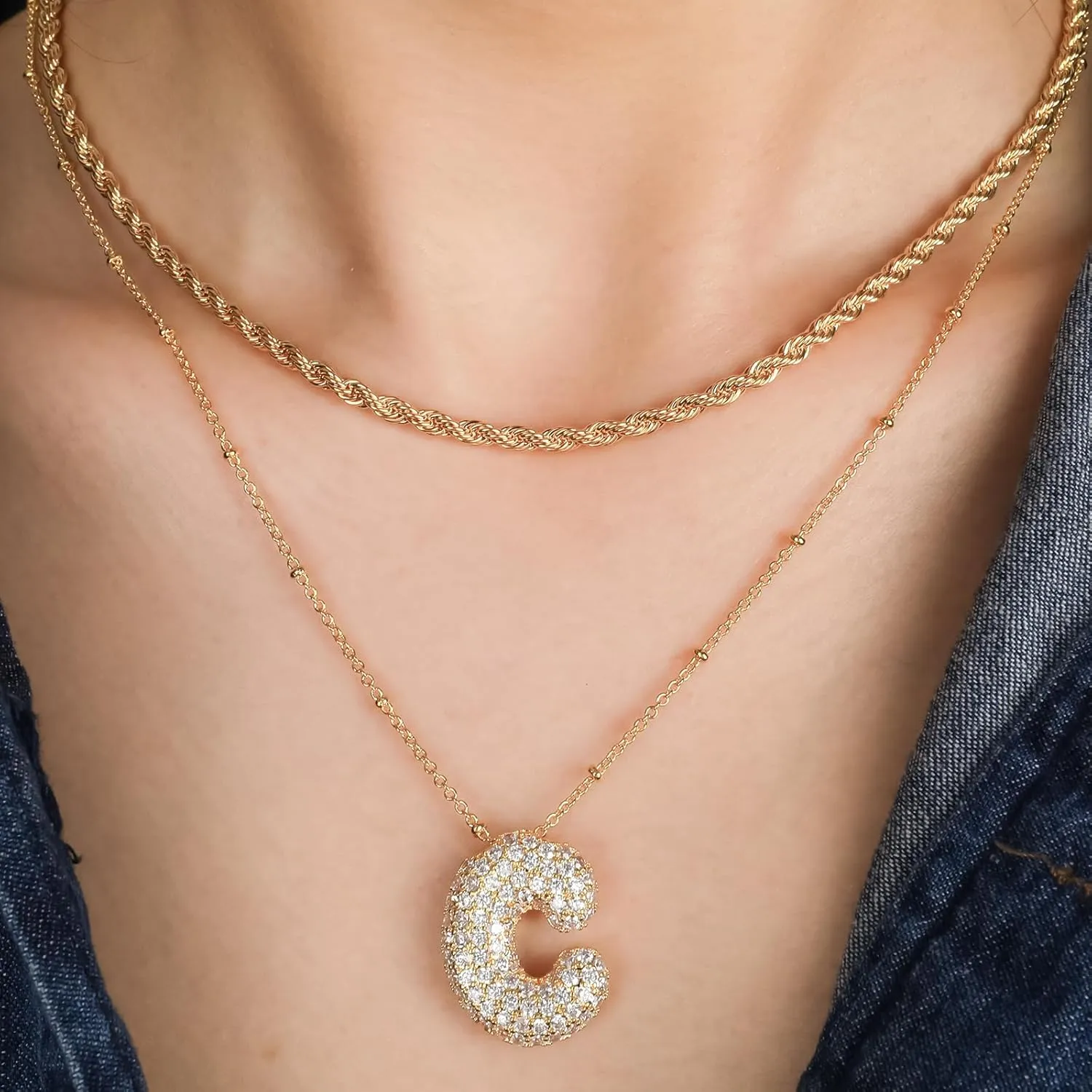 A-Z Bubble Letter Necklace for Women, 14K Gold Plated Charm Layered Balloon Initial Letter Pendant Monogram Necklace, Inlaid Zirconia Rhinestone Letter Necklaces Chain Layering Necklaces for Girls