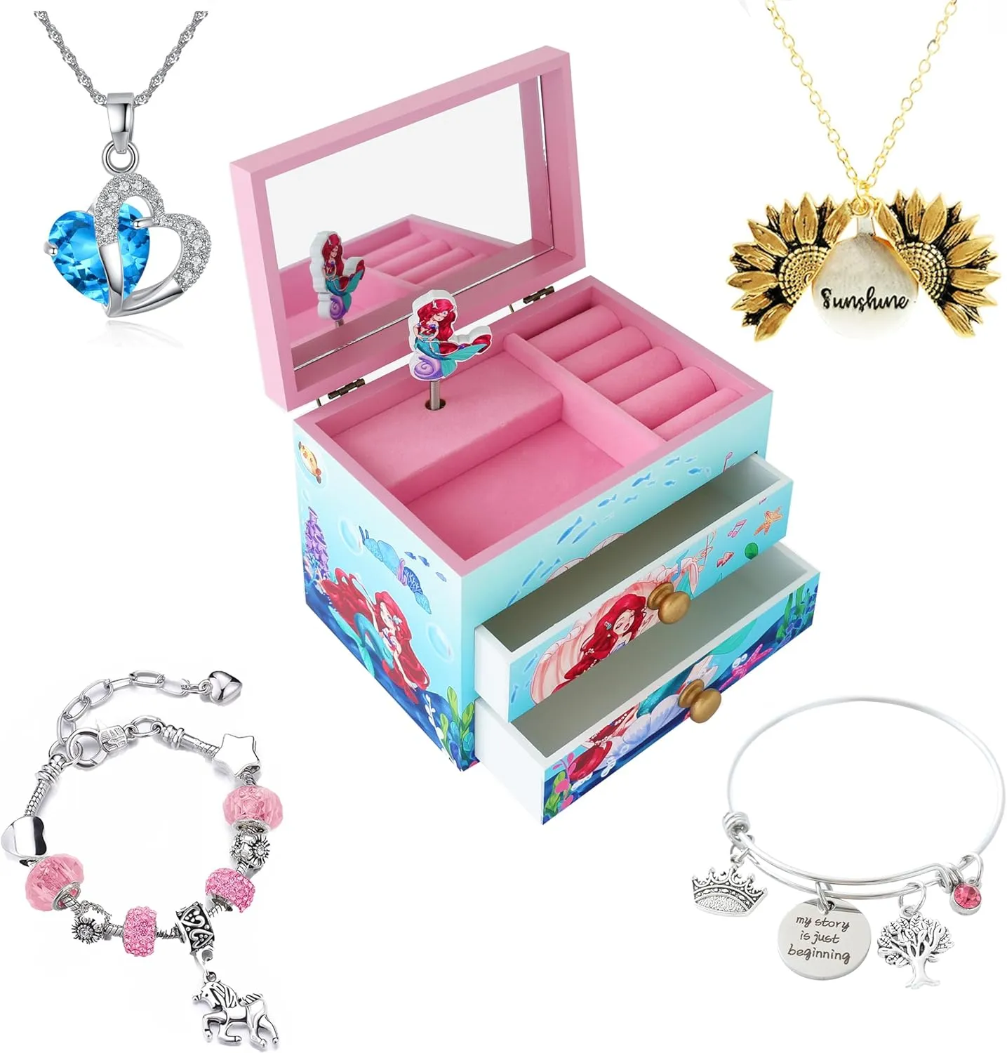 Agitation Unicorn Princess Wooden Musical Jewelry Box - Unicorn Gifts for Girls (A-Mermaid)