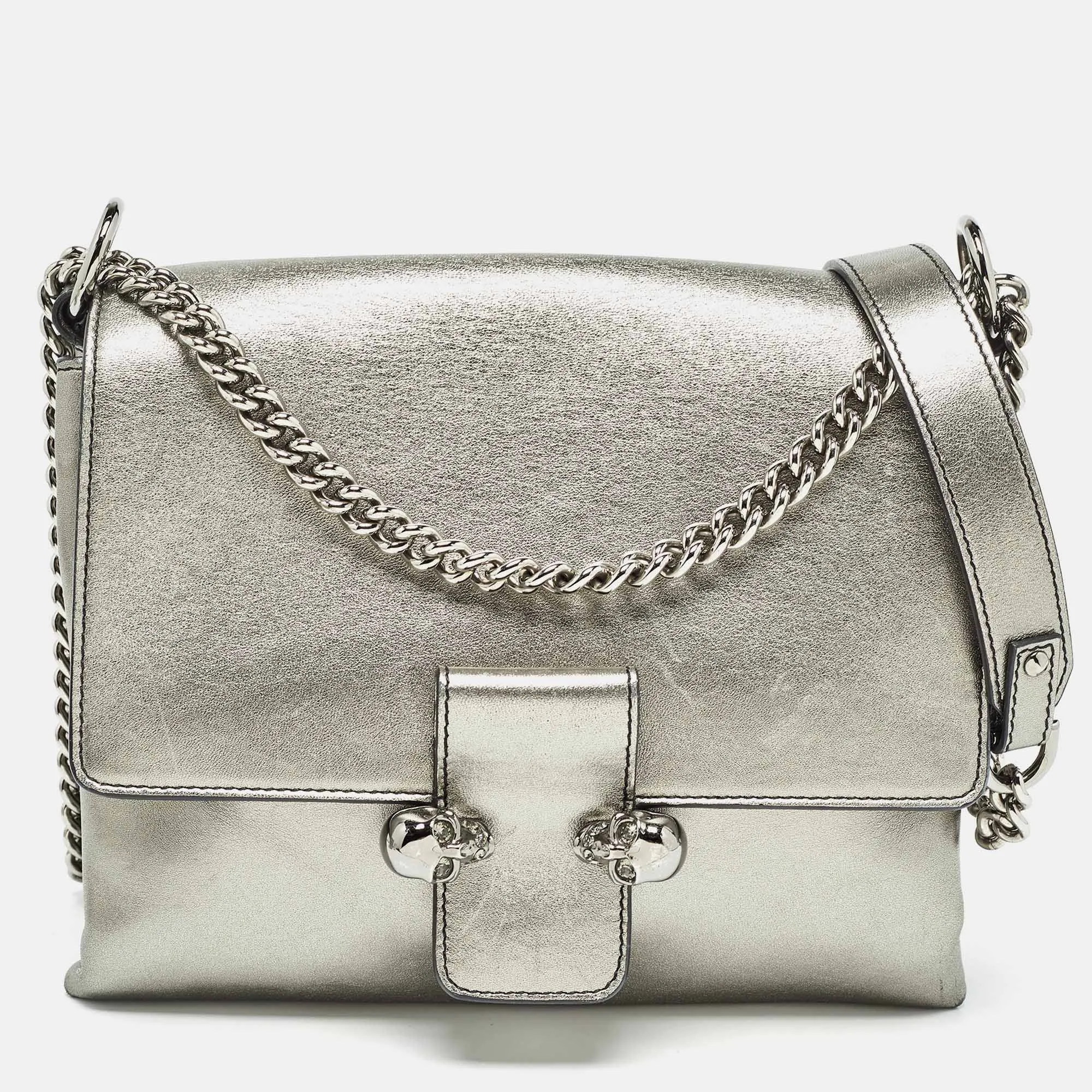 ALEXANDER MCQUEEN Metallic Leather Twin Skull Shoulder Bag
