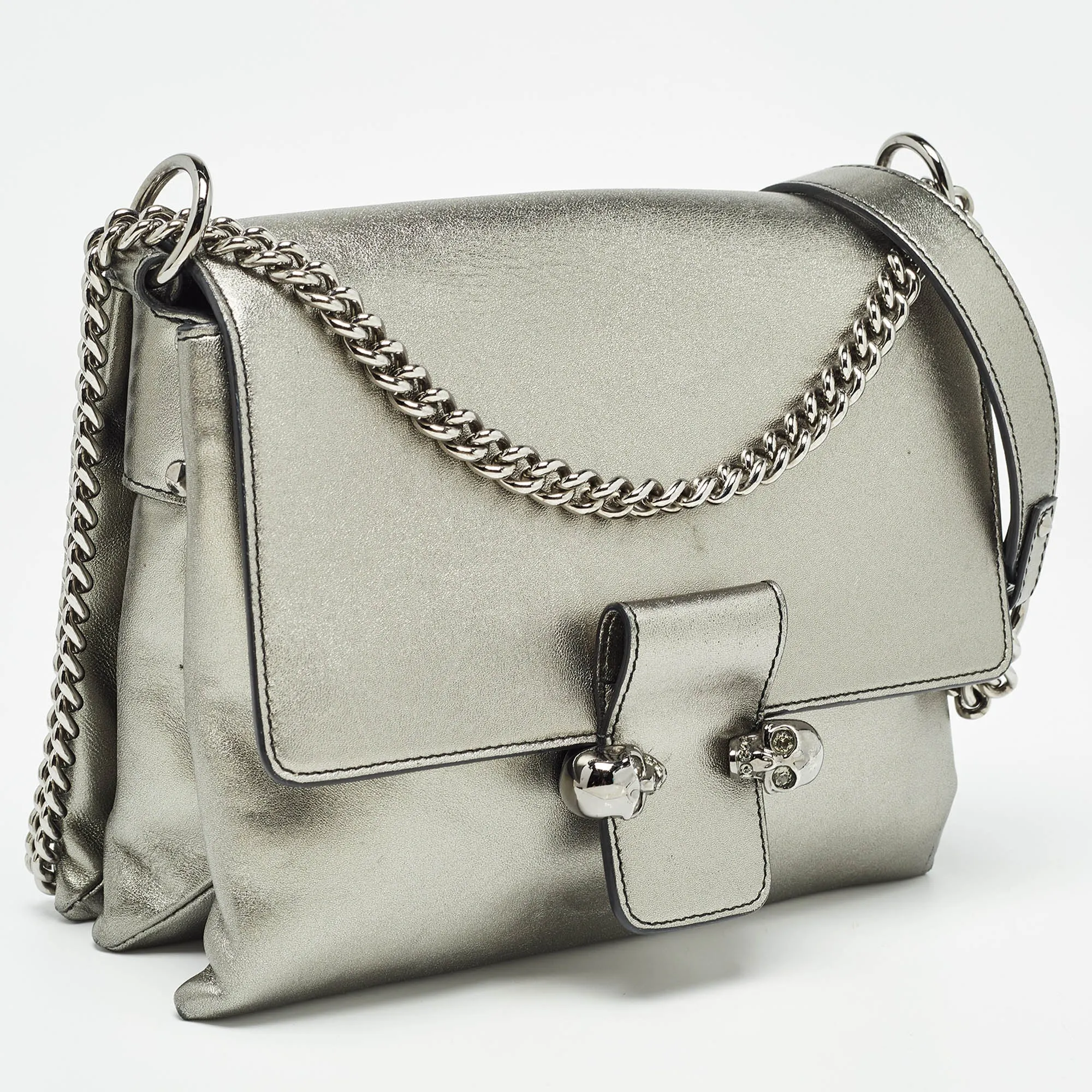 ALEXANDER MCQUEEN Metallic Leather Twin Skull Shoulder Bag