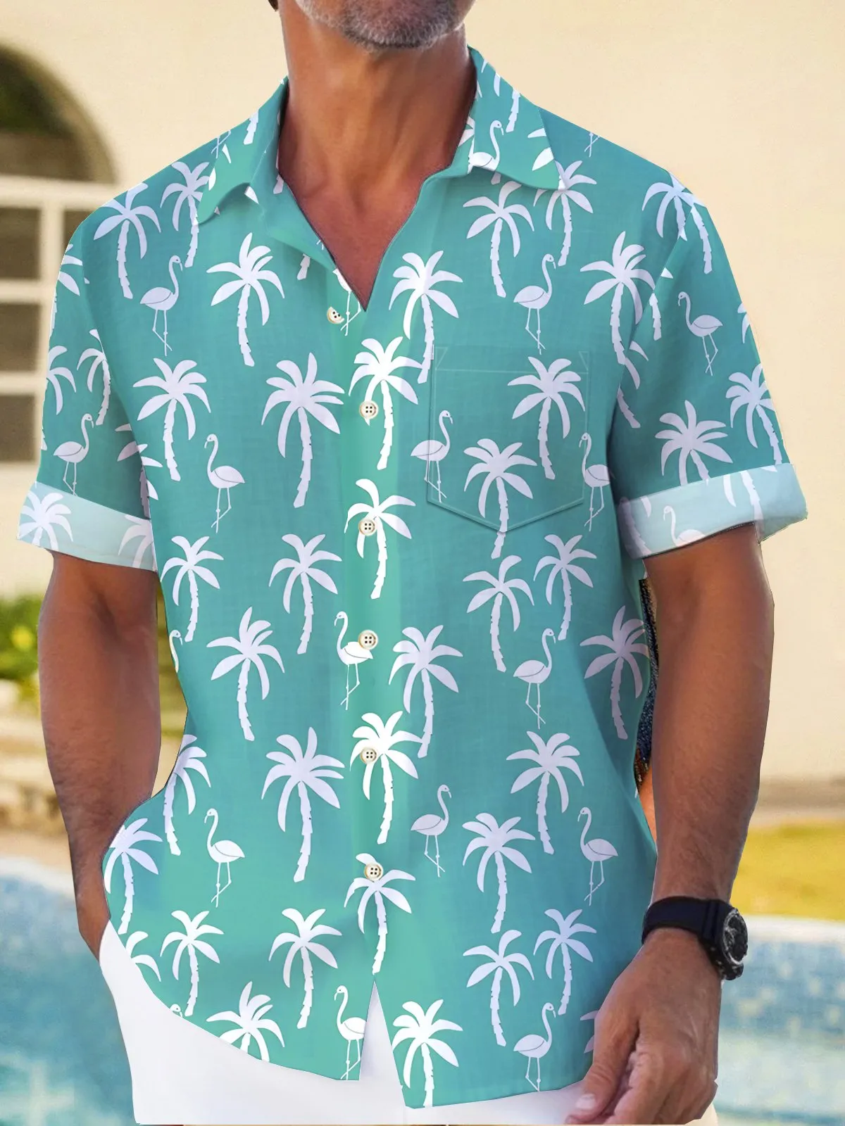 Alohadaddy Beach Vacation Coconut Tree Men's Hawaiian Shirts Flamingo Cartoon Stretch Pocket Camp Shirts
