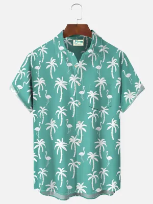 Alohadaddy Beach Vacation Coconut Tree Men's Hawaiian Shirts Flamingo Cartoon Stretch Pocket Camp Shirts