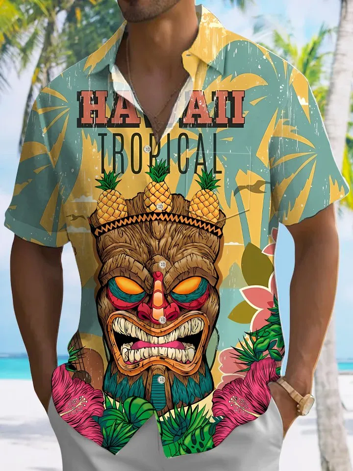 Alohadaddy coconut tree statue beach pocket casual short sleeve shirt