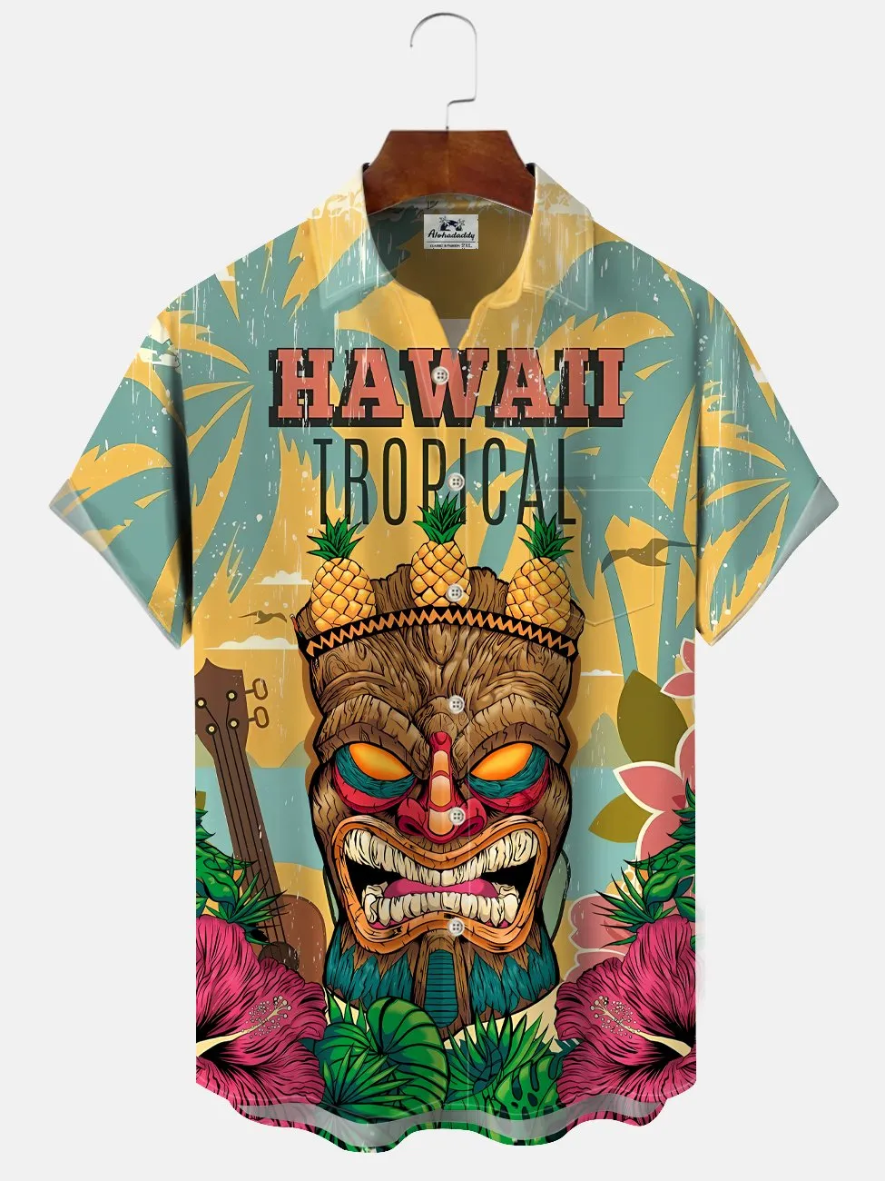 Alohadaddy coconut tree statue beach pocket casual short sleeve shirt
