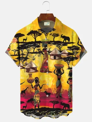 Alohadaddy Coconut Tree Tribal Vintage Button Pocket Casual Short Sleeve Shirt