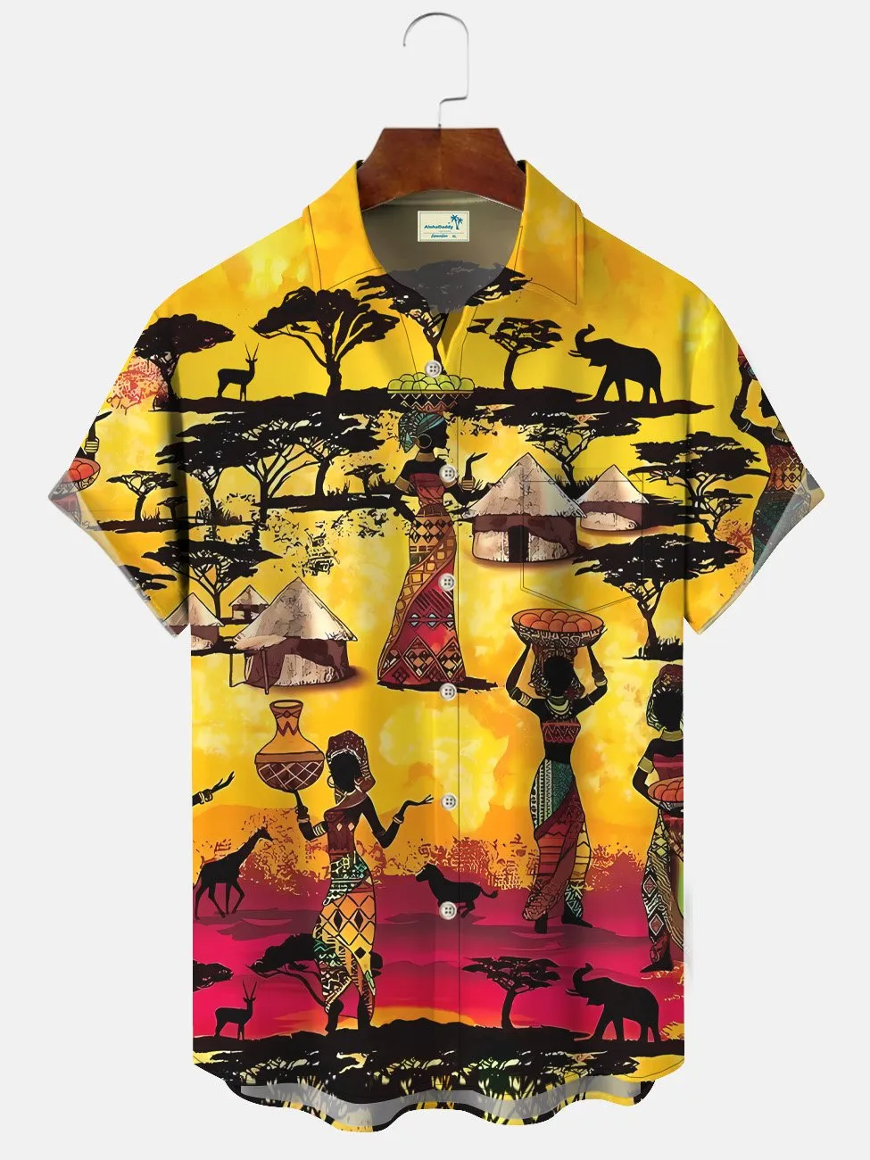 Alohadaddy Coconut Tree Tribal Vintage Button Pocket Casual Short Sleeve Shirt
