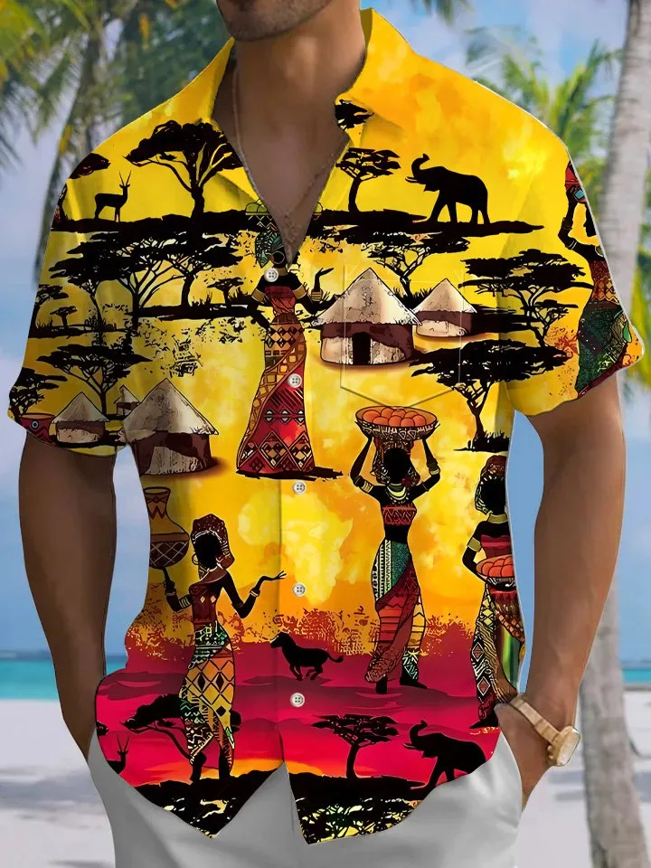 Alohadaddy Coconut Tree Tribal Vintage Button Pocket Casual Short Sleeve Shirt