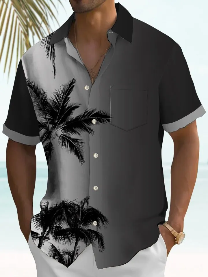 Alohadaddy Deep Gray Ombre Coconut Trees Casual Cotton-Blend Plus Size Shirts