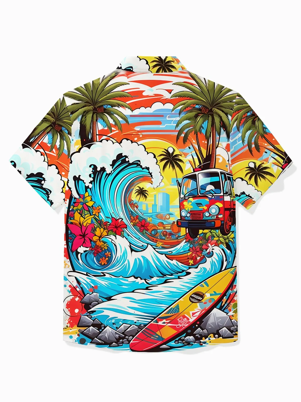 Alohadaddy Hawaii Coconut Surf Print Men's Button Pocket Short Sleeve Shirt