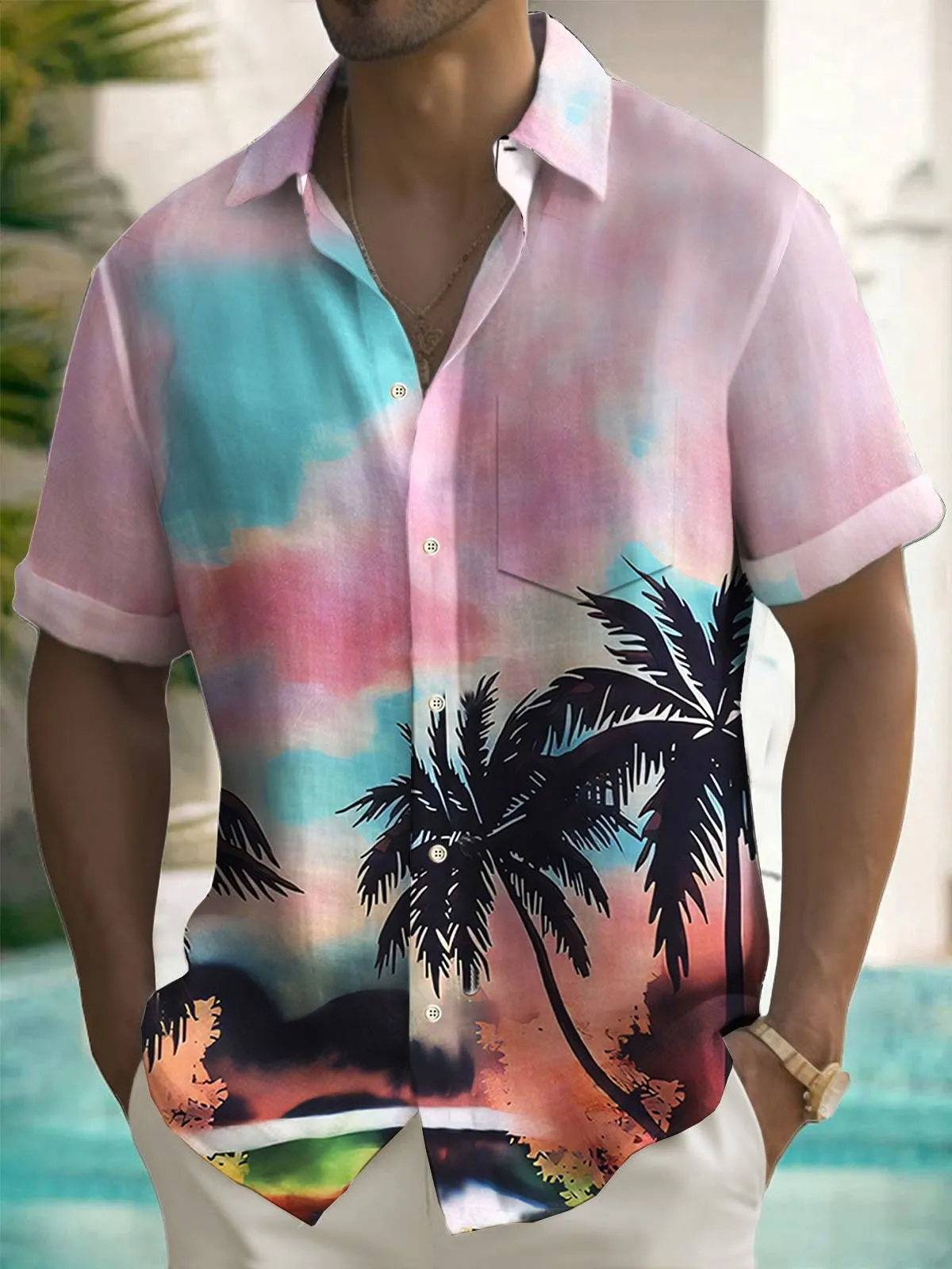 Alohadaddy Hawaiian Gradient Coconut Tree Print Men's Button Pocket Short Sleeve Shirt