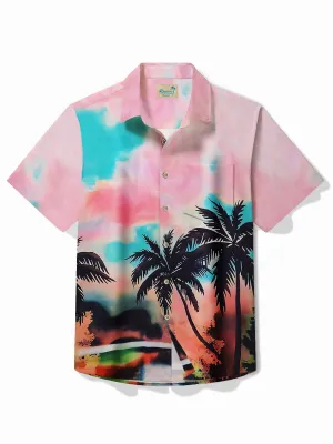 Alohadaddy Hawaiian Gradient Coconut Tree Print Men's Button Pocket Short Sleeve Shirt