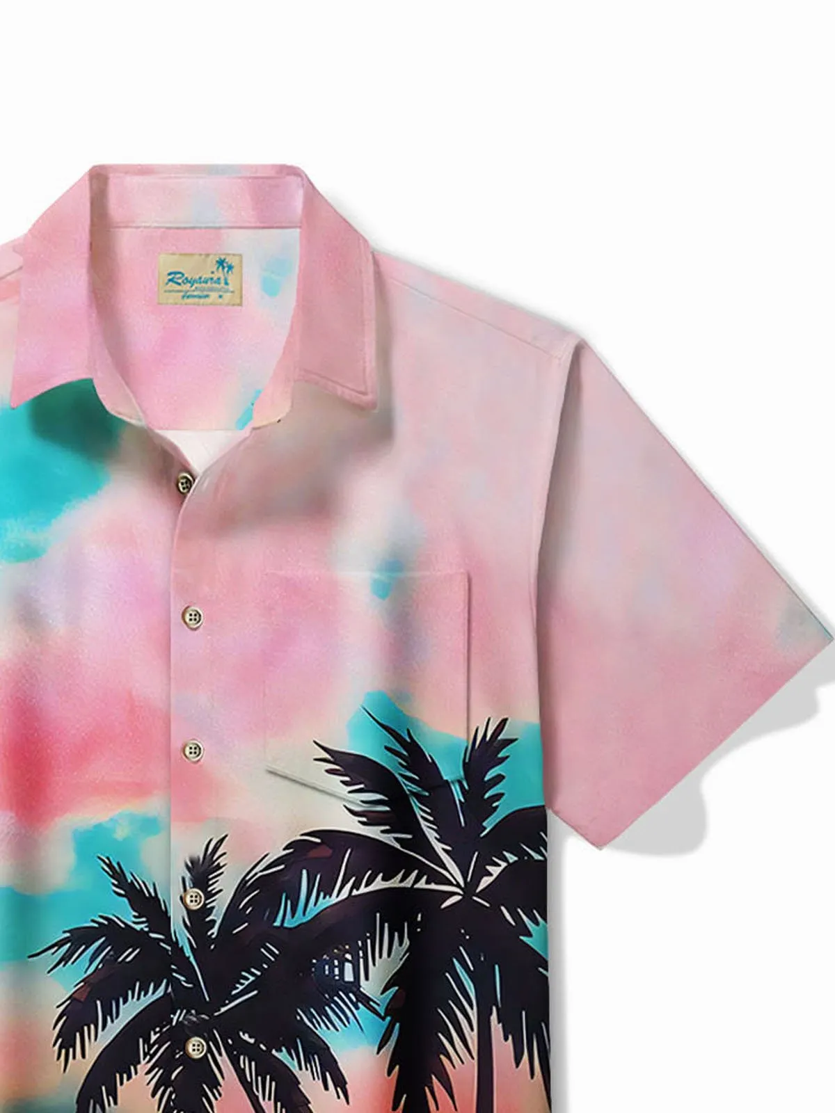 Alohadaddy Hawaiian Gradient Coconut Tree Print Men's Button Pocket Short Sleeve Shirt