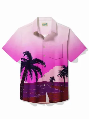 Alohadaddy Hawaiian Pink Gradient Coconut Tree Print Men's Button Pocket Short Sleeve Shirt