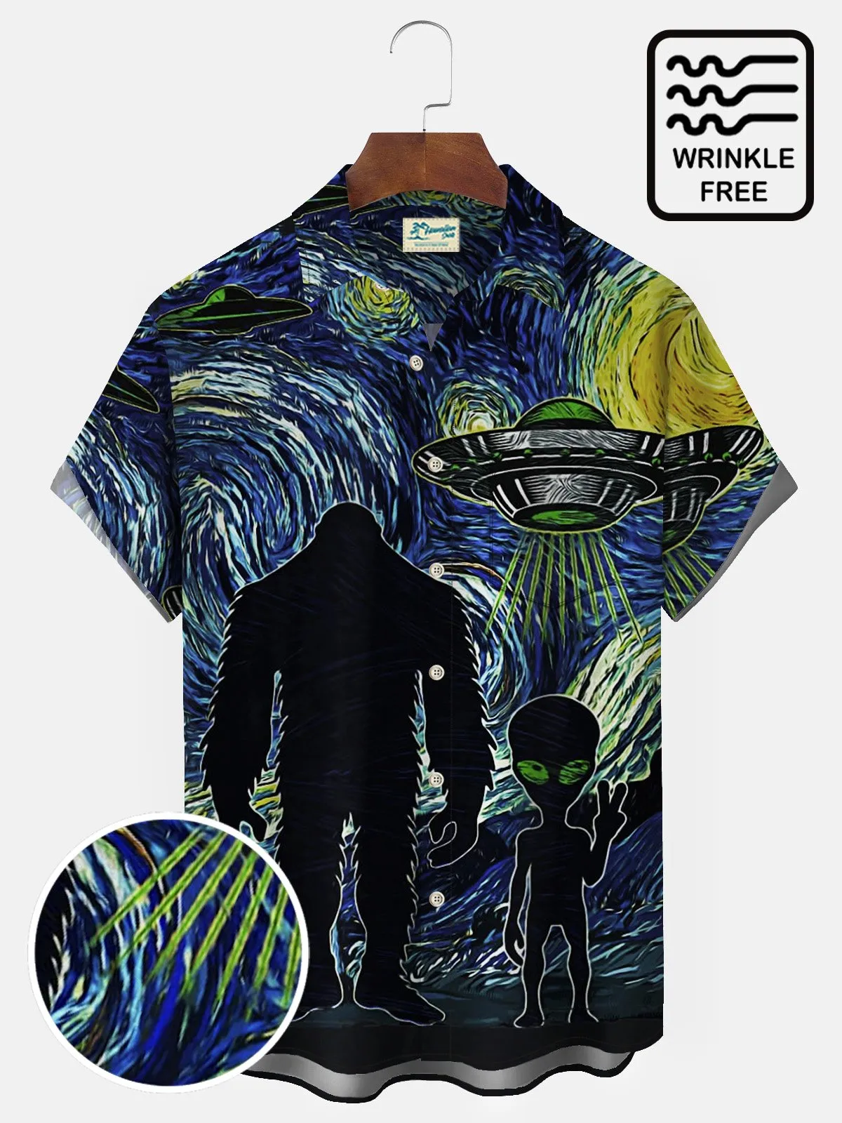 Alohadaddy Mysterious Animals Bigfoot & ET Blue Men's Hawaiian Shirts Art Stretch Wrinkle Free Seersucker Aloha Camp Pocket Shirts