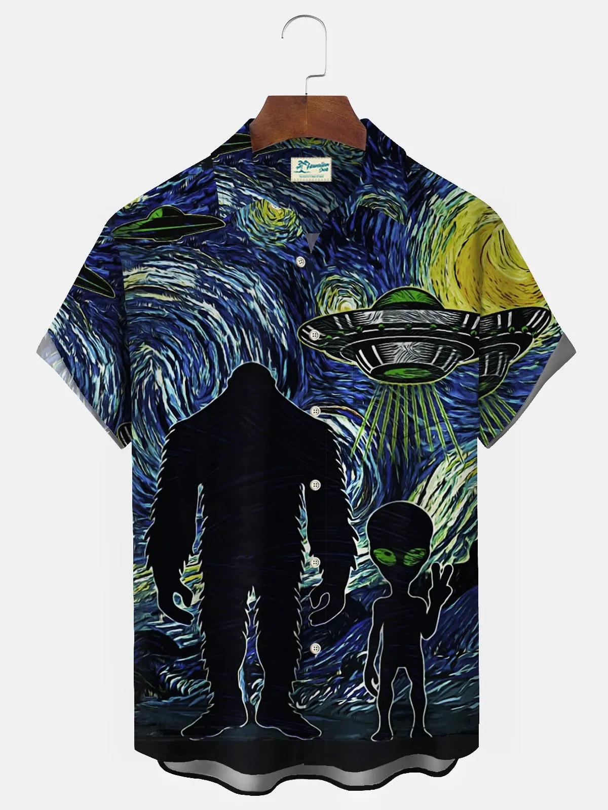 Alohadaddy Mysterious Animals Bigfoot & ET Blue Men's Hawaiian Shirts Art Stretch Wrinkle Free Seersucker Aloha Camp Pocket Shirts