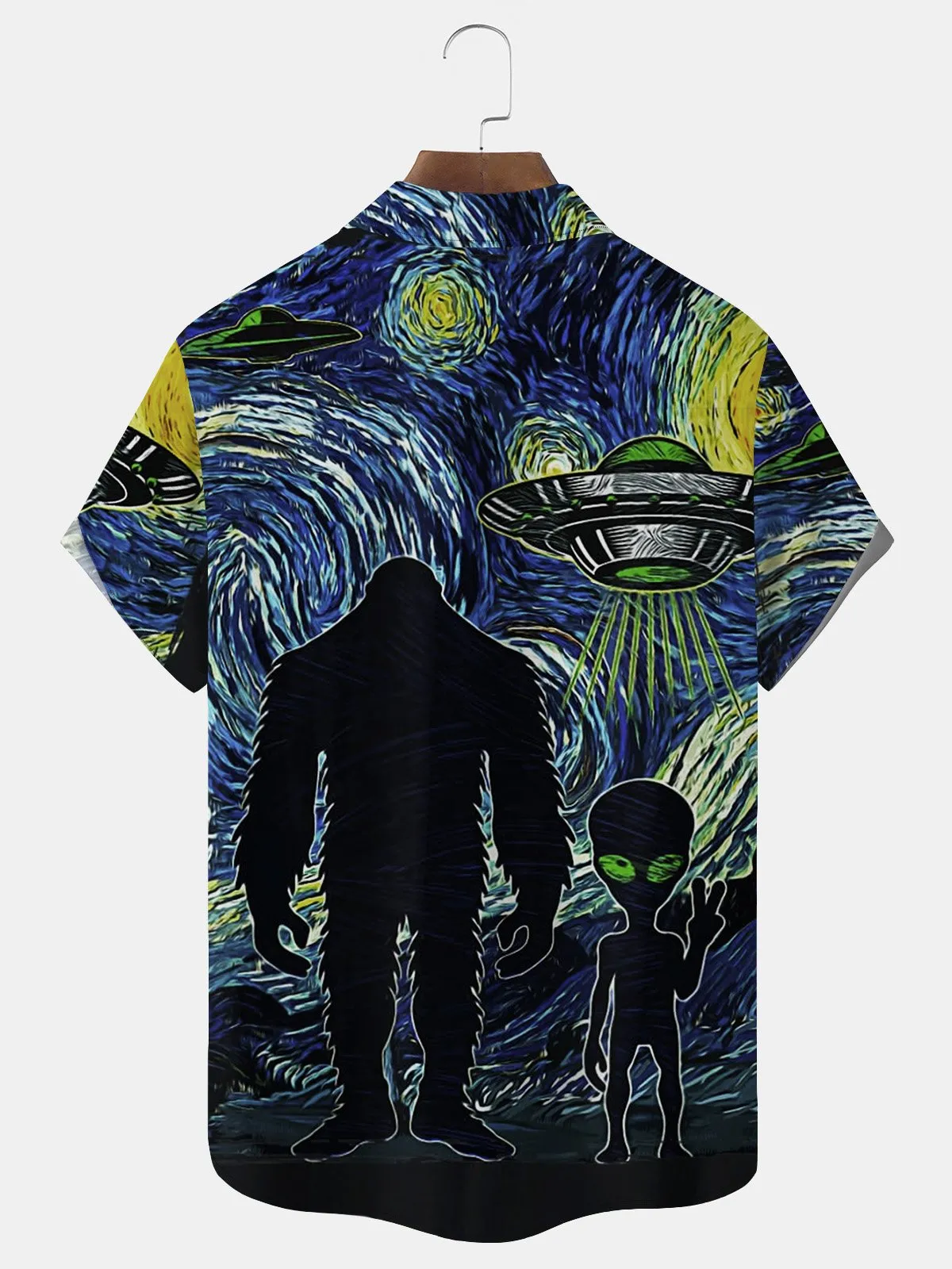 Alohadaddy Mysterious Animals Bigfoot & ET Blue Men's Hawaiian Shirts Art Stretch Wrinkle Free Seersucker Aloha Camp Pocket Shirts