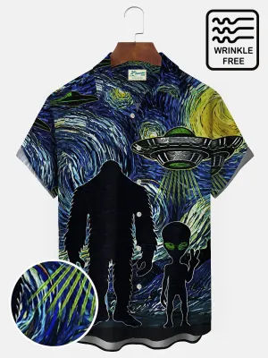 Alohadaddy Mysterious Animals Bigfoot & ET Blue Men's Hawaiian Shirts Art Stretch Wrinkle Free Seersucker Aloha Camp Pocket Shirts